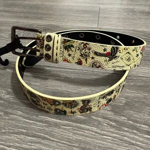 Ed Hardy Mens Tattoo Print Grommet Belt Cream Skulls Eagle Y2K Skater Size 38